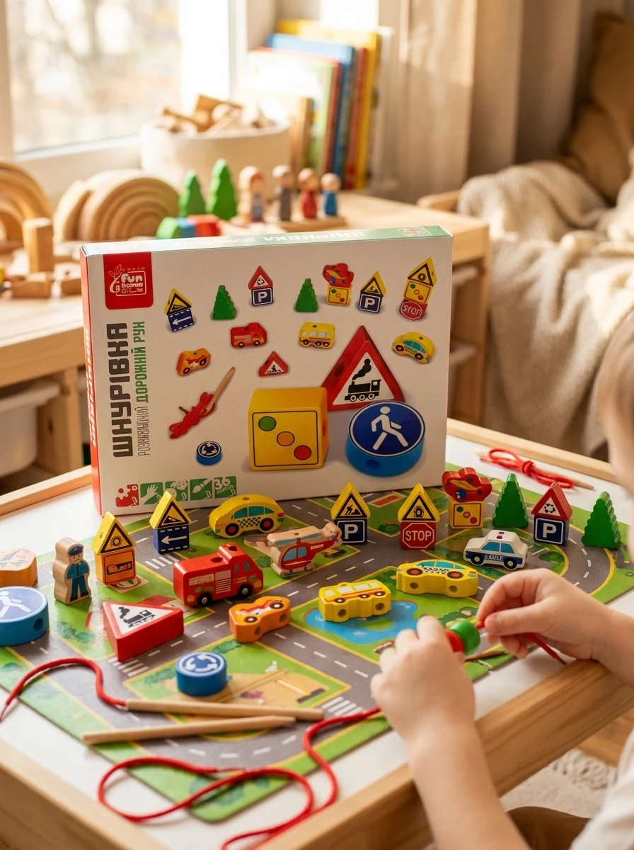 Дерев'яна шнурівка Транспорт 48649 Fun Game, 56 деталей, в коробці