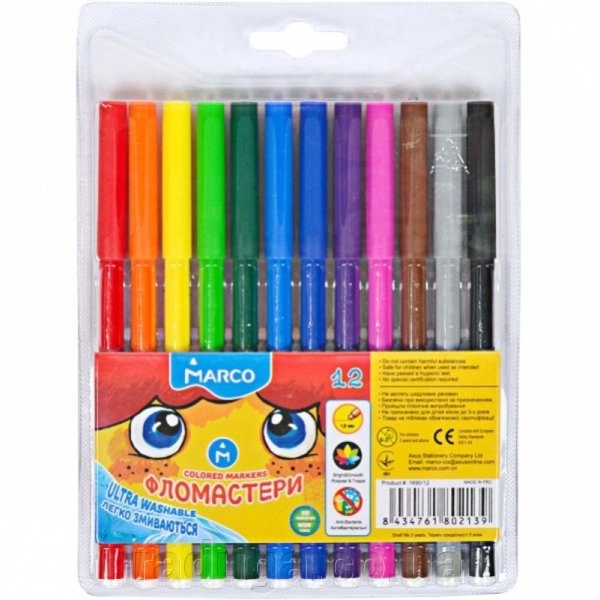 ФЛОМАСТЕРИ 12 КОЛ. Super Washable. Marco.1690-12FM
