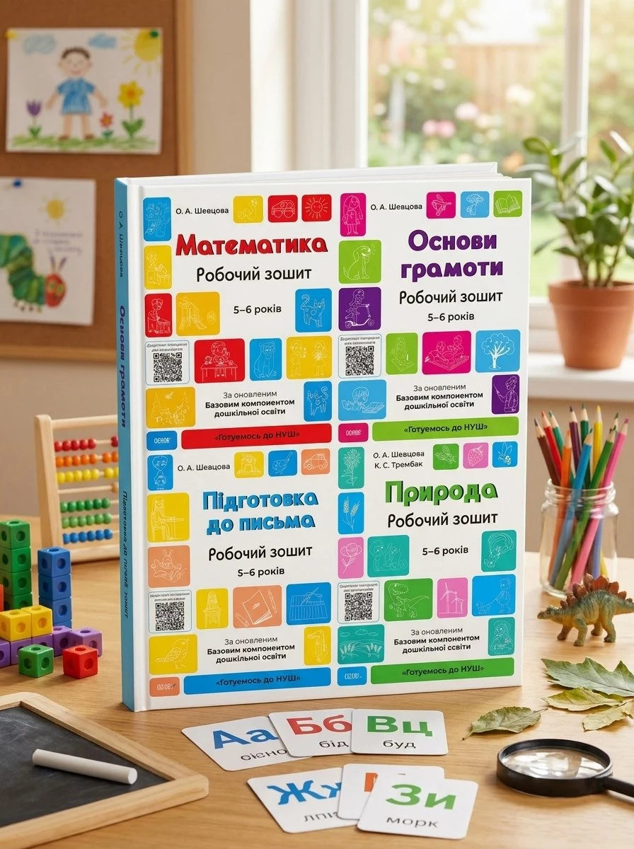 Готуємось до НУШ. Робочі зошити 5-6 років. Комплект з 4-х зошитів — Олена Шевцова, обкладинка