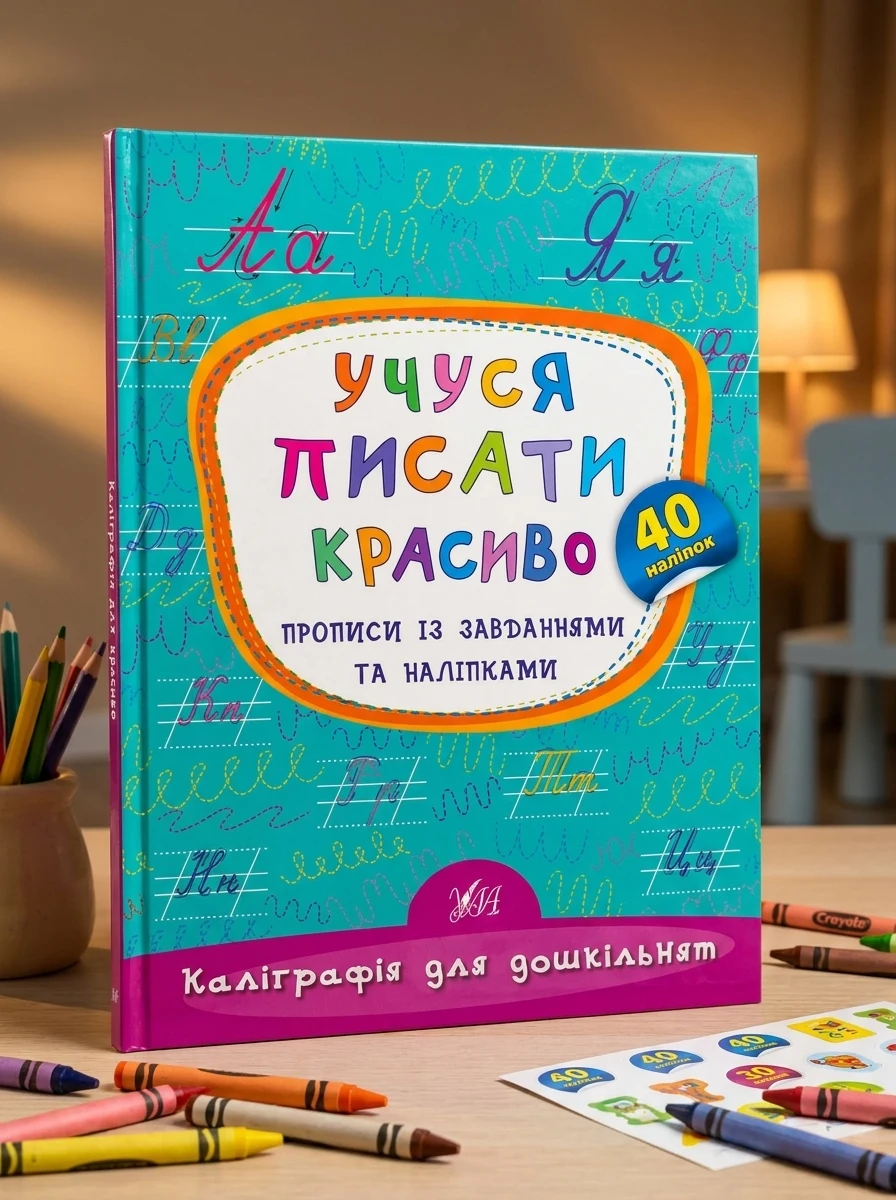 Каліграфія для дошкільнят Учуся писати красиво Прописи із завданнями та наліпками УЛА — Дитяча література