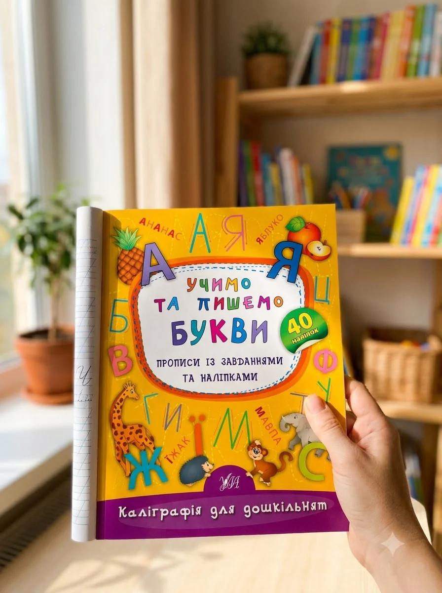 Каліграфія для дошкільнят. Учимо та пишемо букви. Прописи із завданнями та наліпками — фото 2