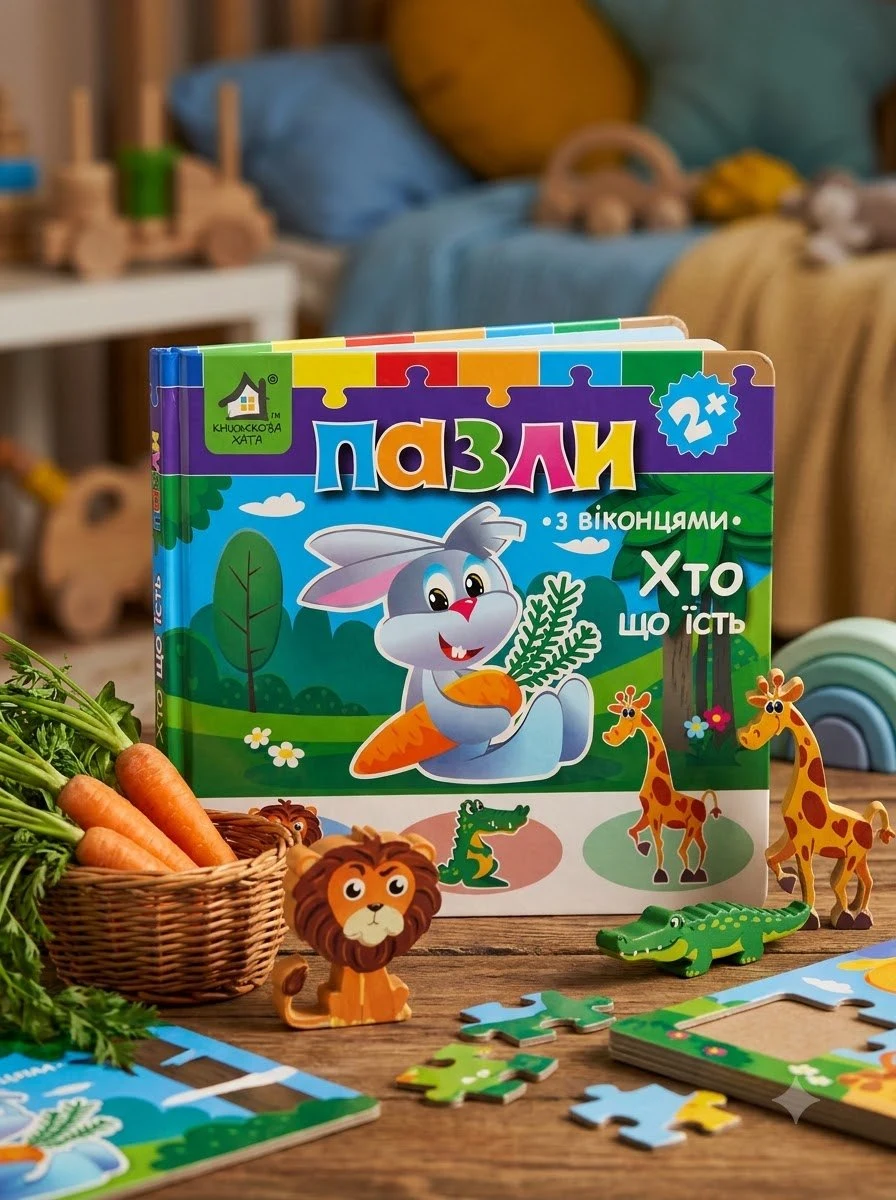 Книжка-пазли з віконцями: ХТО ЩО ЇСТЬ 2+ — Без автора, обкладинка