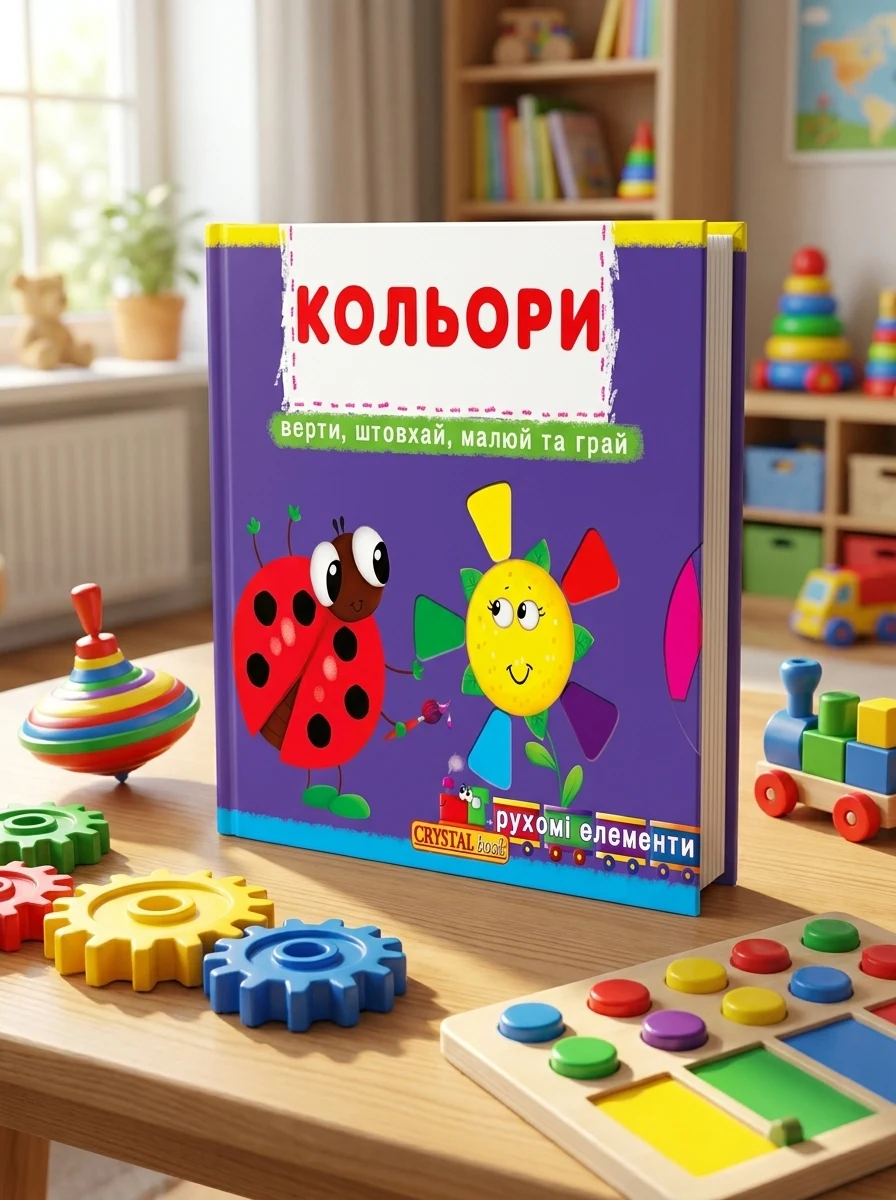 Книжка з механізмом. Кольори. Верти, штовхай, малюй та грай — фото 2