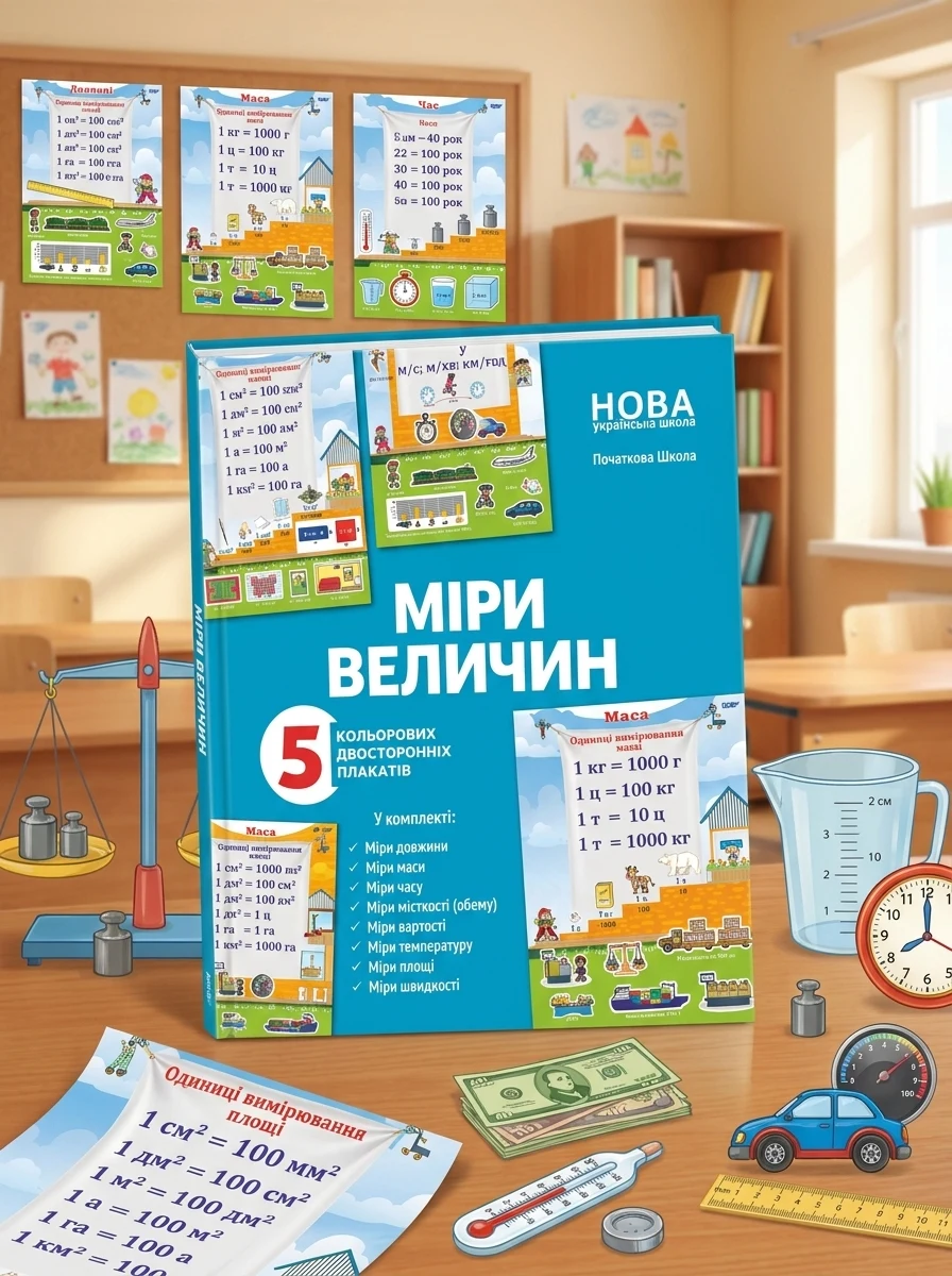 Комплект двосторонніх плакатів Міри величин. Наочність — Дидактичні матеріали