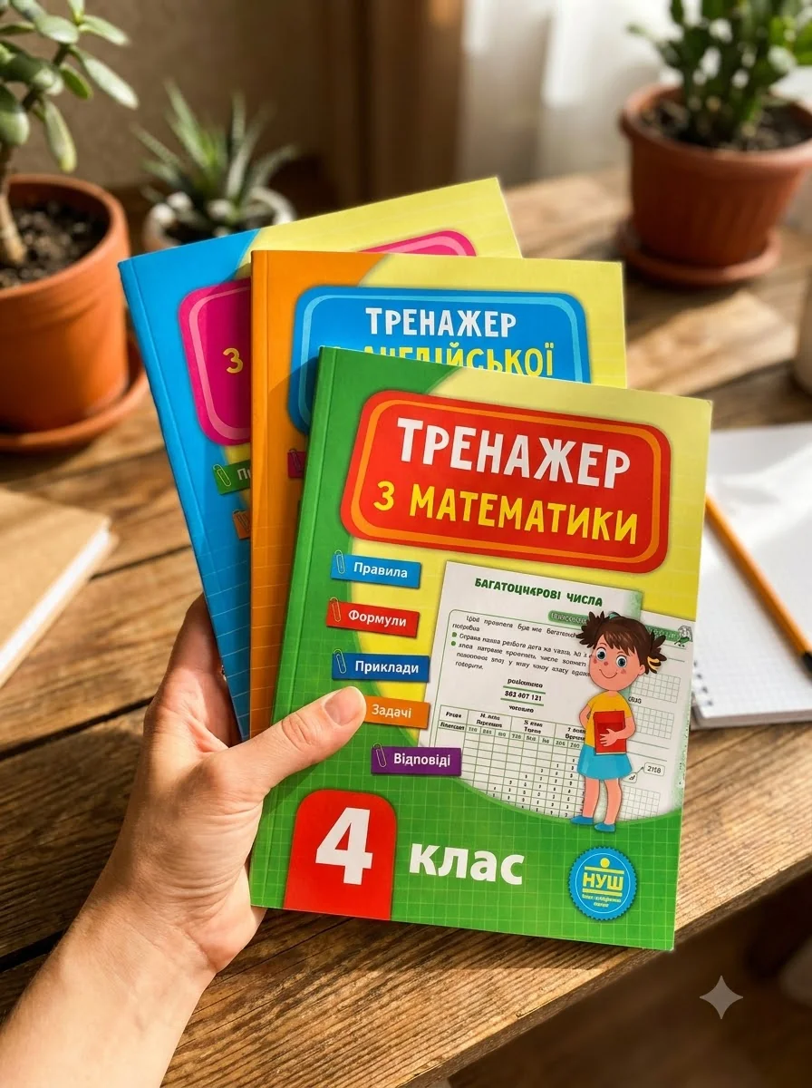 Комплект із 3 шт: Тренажер НУШ 4 клас (Математика, Українська мова, Англійська мова), обкладинка