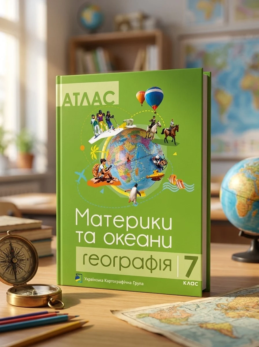 Комплект навчальних посібників з географії: атлас і контурні карти "Материки та океани. Географія" 7 клас — Без автора, обкладинка