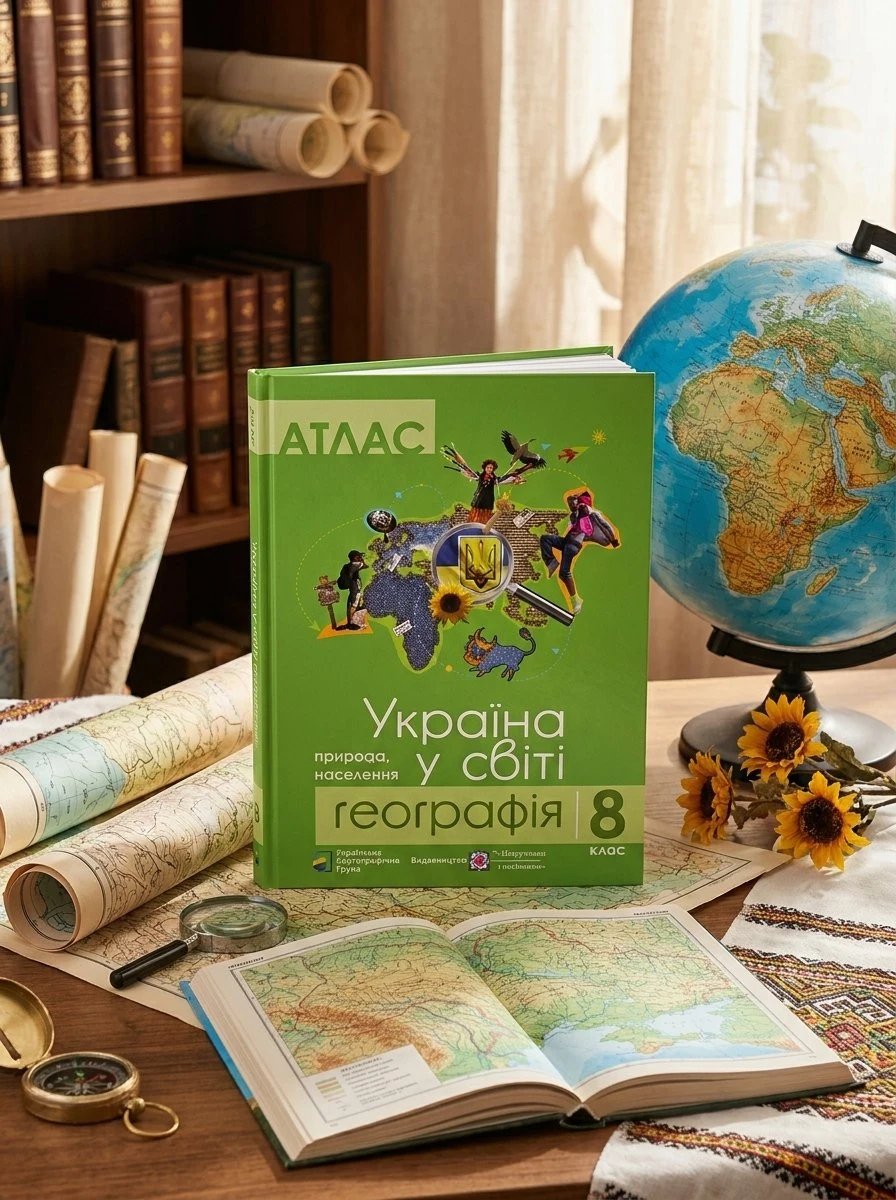 Комплект навчальних посібників з географії: атлас і контурні карти "Україна у світі: природа, населення" географія 8 клас — Без автора, обкладинка