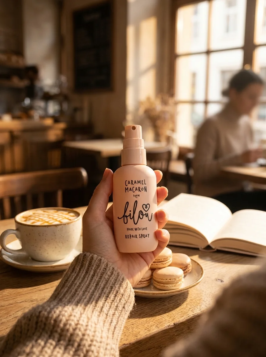 Міні-відновлюючий спрей для волосся Bilou Caramel Macaron 50 мл, обкладинка