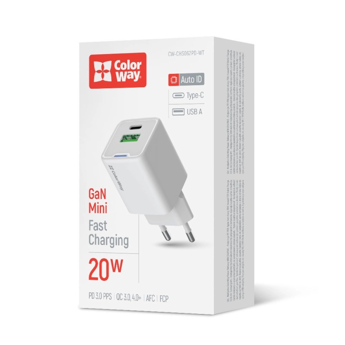 МЗП ColorWay GaN Mini 20W (Type-C PD + USB QC4.0) White (CW-CHS062PD-WT)