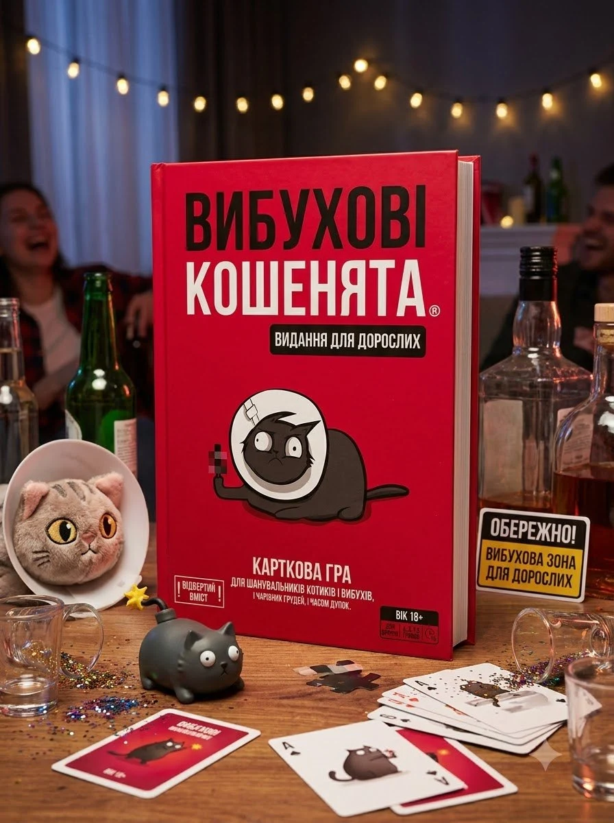Настільна гра "Вибухові кошенята: Видання для дорослих 18+", обкладинка