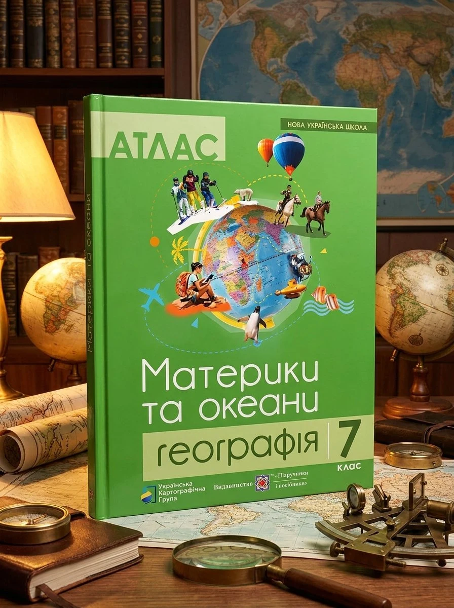 НУШ Атлас "Материки та океани. Географія" 7 клас. Нова українська школа — Грицеляк В., обкладинка
