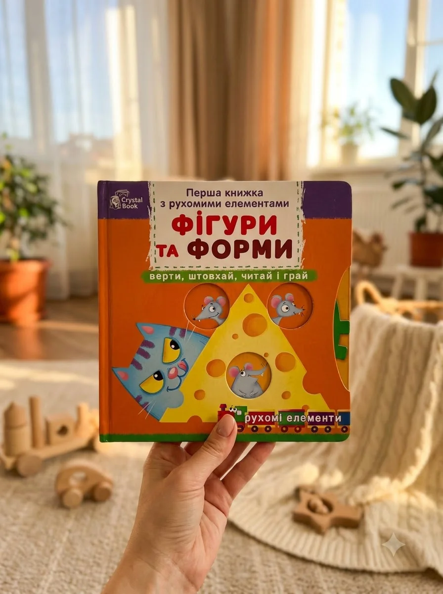 Перша книжка з рухомими елементами. Фігури та форми. Верти, штовхай, читай — фото 2