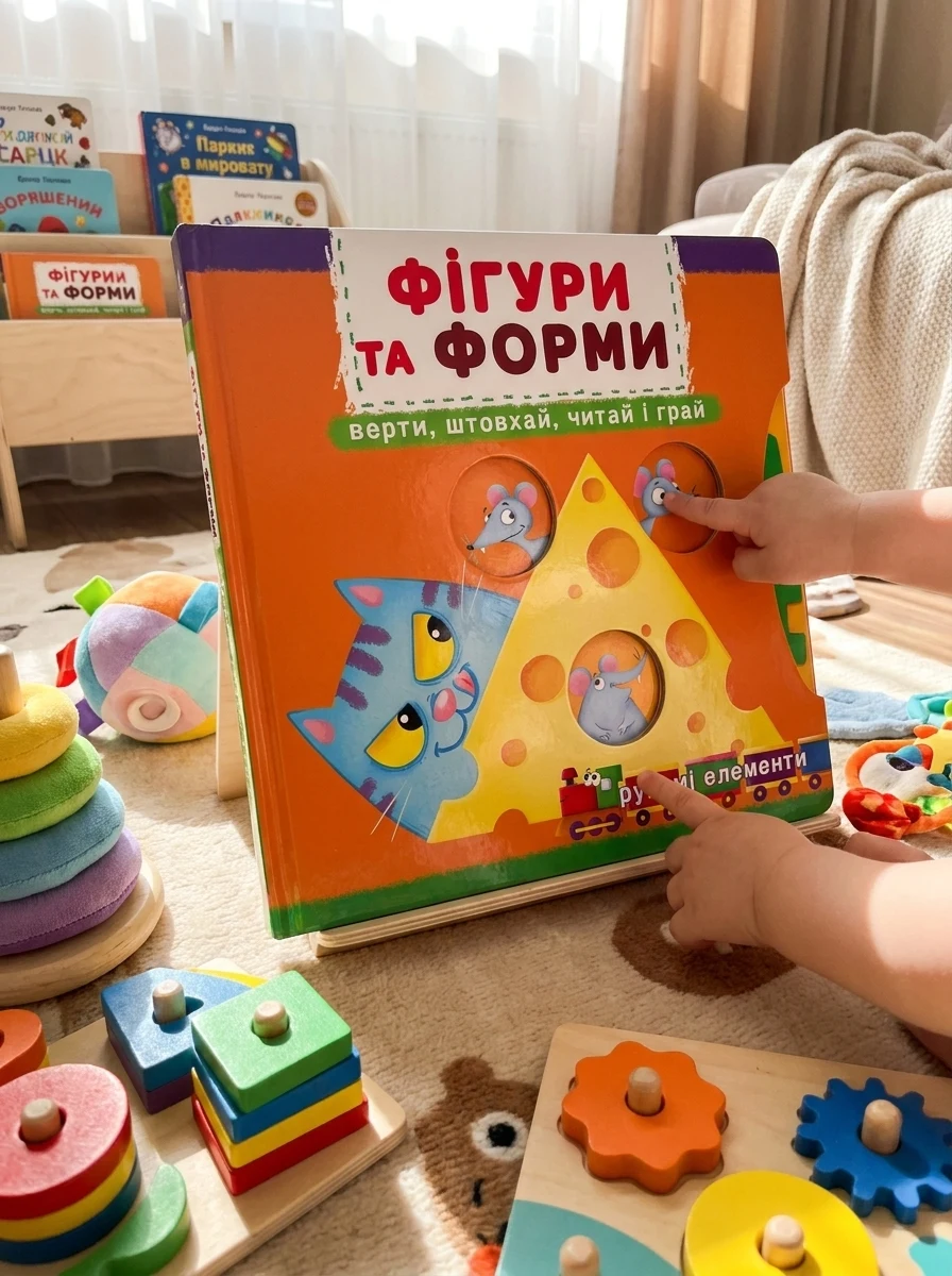Перша книжка з рухомими елементами. Фігури та форми. Верти, штовхай — Дитяча література
