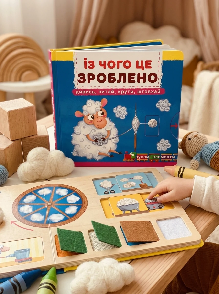 Перша книжка з рухомими елементами. Із чого це зроблено. Дивись, читай, крути — Дитяча література