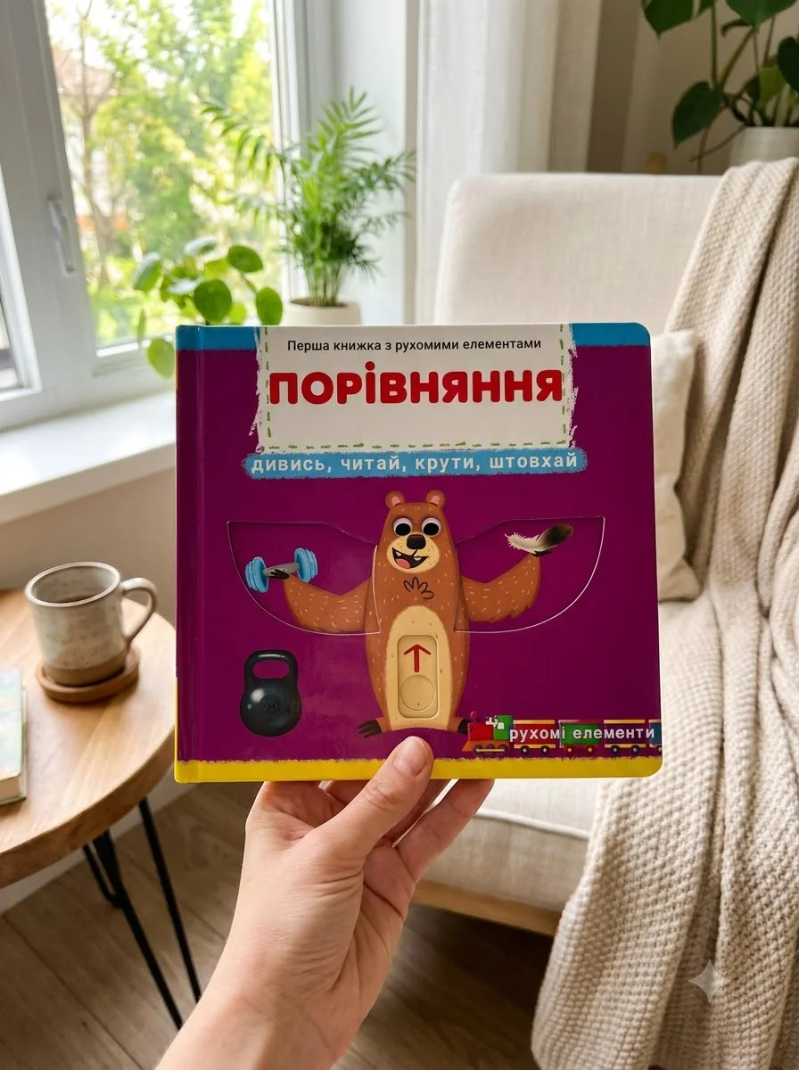 Перша книжка з рухомими елементами. Порівняння. Дивись, читай, крути, штовхай — фото 2