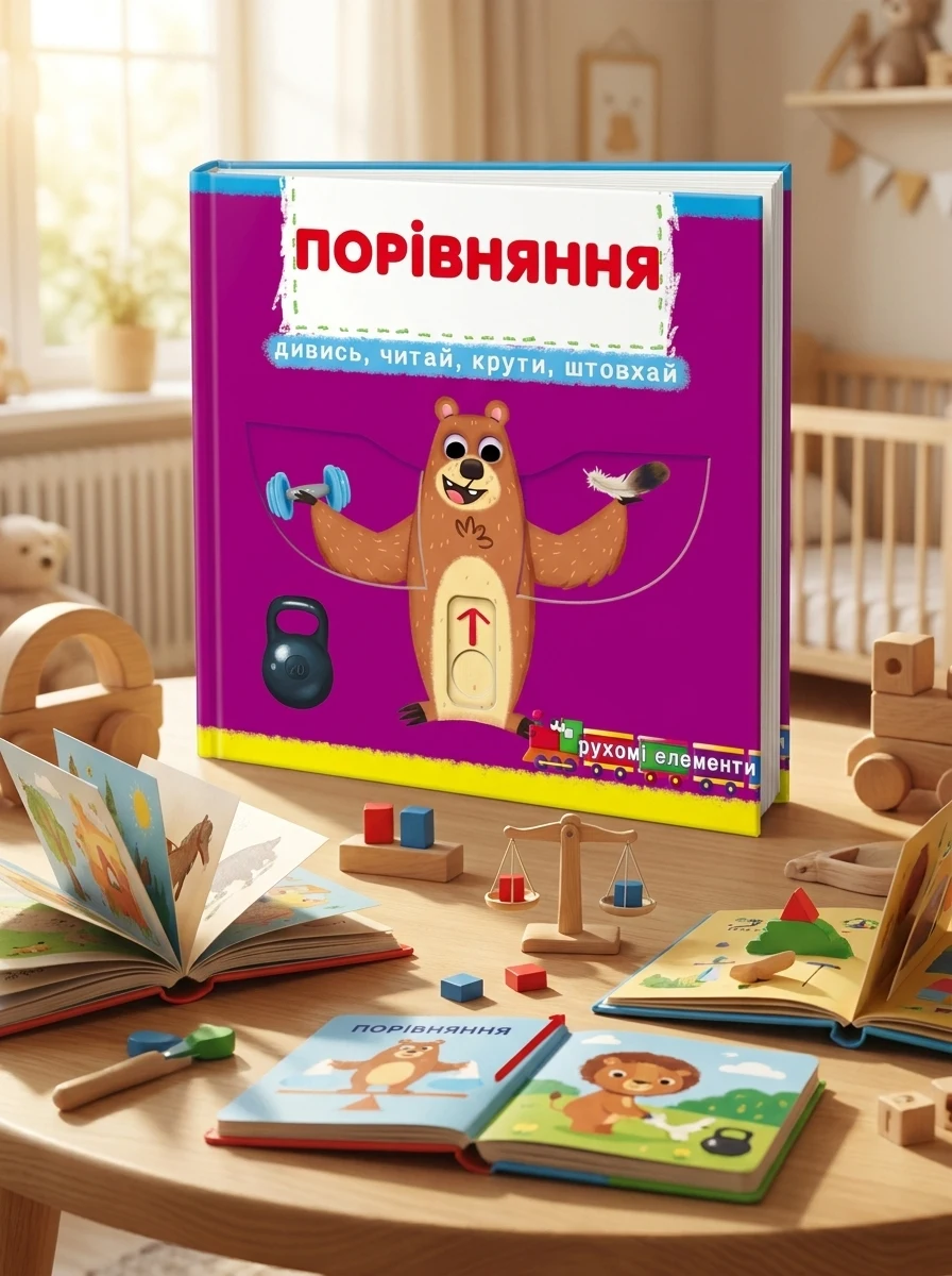 Перша книжка з рухомими елементами. Порівняння. Дивись, читай, крути — Дитяча література
