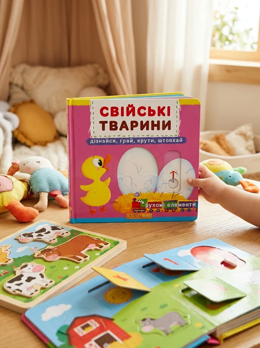 Перша книжка з рухомими елементами. Свійські тварини. Дізнайся, грай,крути — Дитяча література