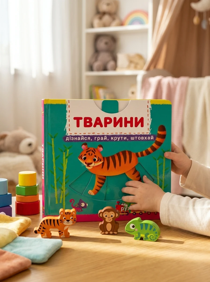 Перша книжка з рухомими елементами. Тварини. Дізнайся, грай, крути — Дитяча література