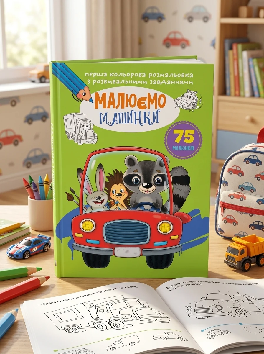 Перша кольорова розмальовка з розвивальними завданнями. Малюємо машинки, — Дитяча література