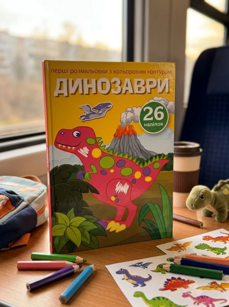 Перші розмальовки з кольоровим контуром і наліпками. Динозаври, — Дитяча література