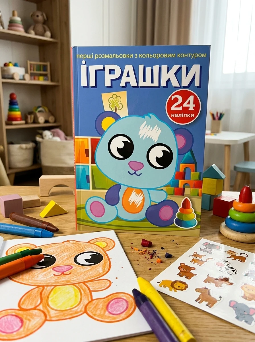 Перші розмальовки з кольоровим контуром і наліпками. Іграшки, — Дитяча література