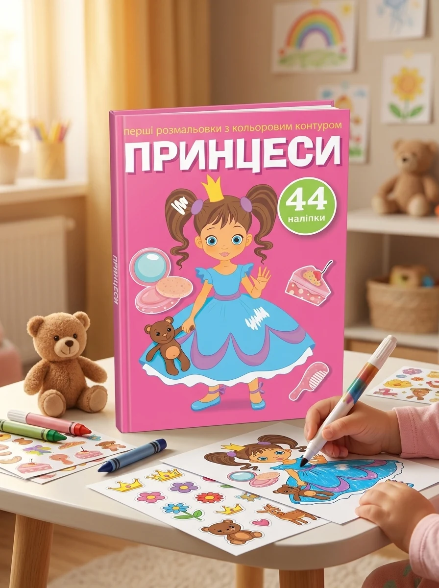 Перші розмальовки з кольоровим контуром і наліпками. Принцеси, — Дитяча література