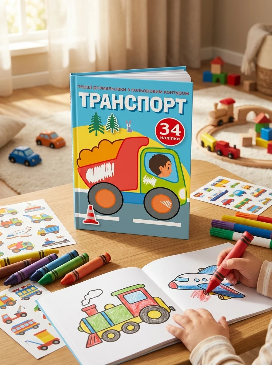Перші розмальовки з кольоровим контуром і наліпками. Транспорт, — Дитяча література