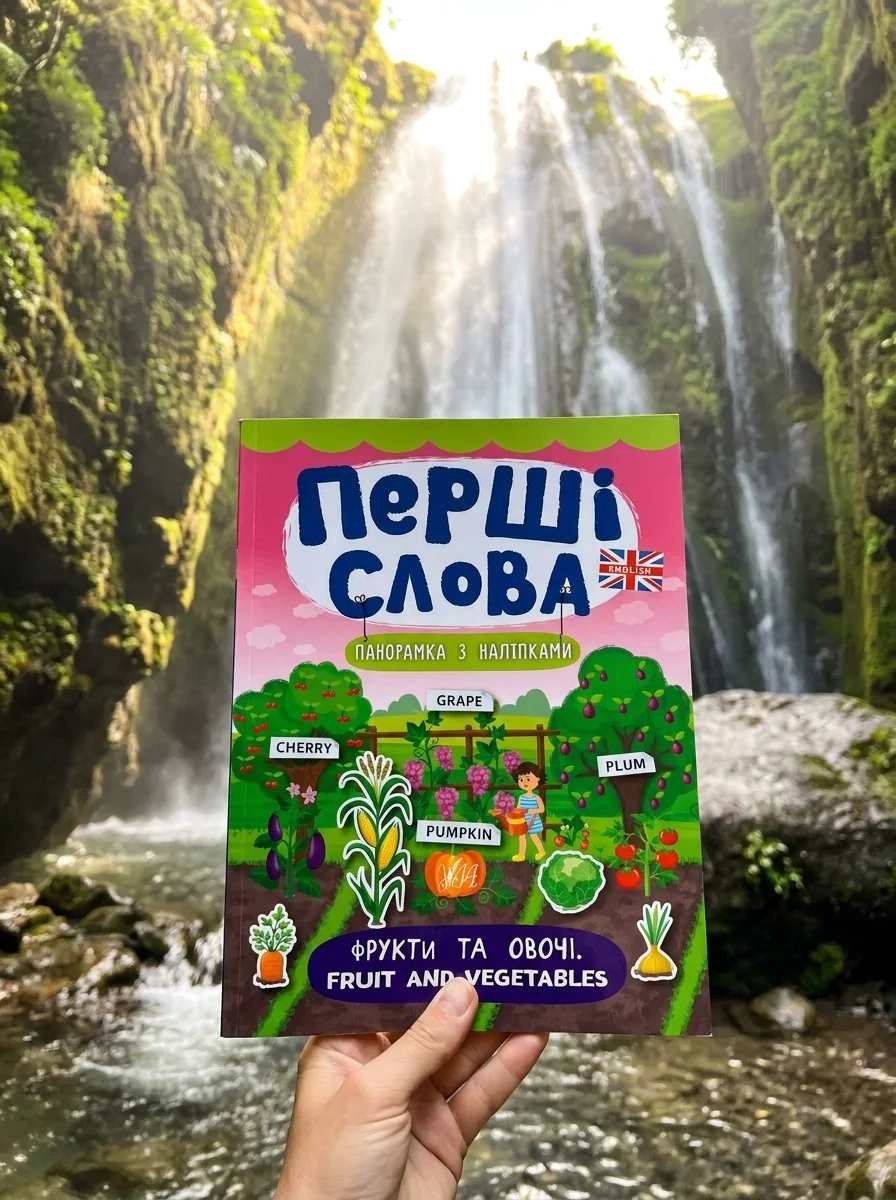 Перші слова. Fruit and Vegetables. Фрукти та овочі. Панорамка за наліпками — Розвивальні книги