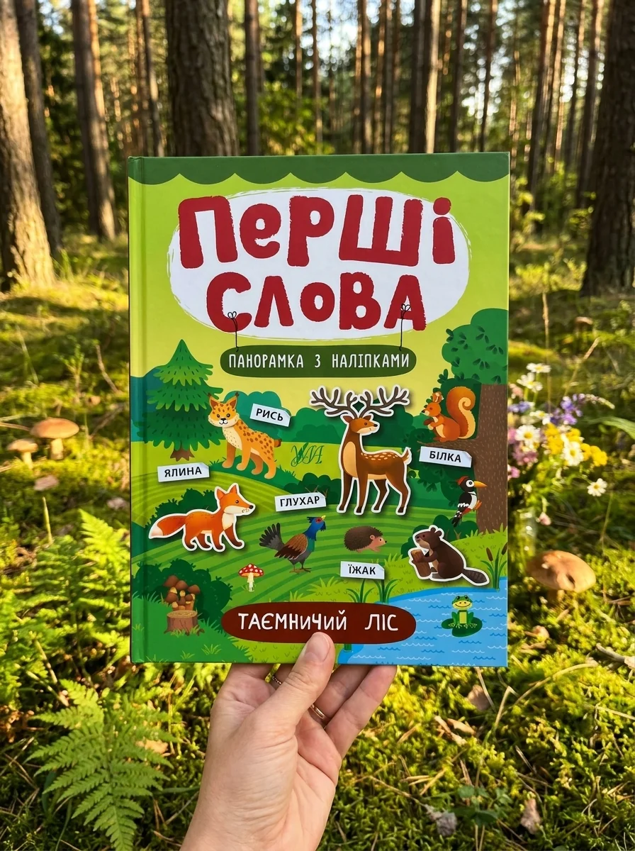 Перші слова. Таємничий ліс. Панорамка за наліпками — Розвивальні книги