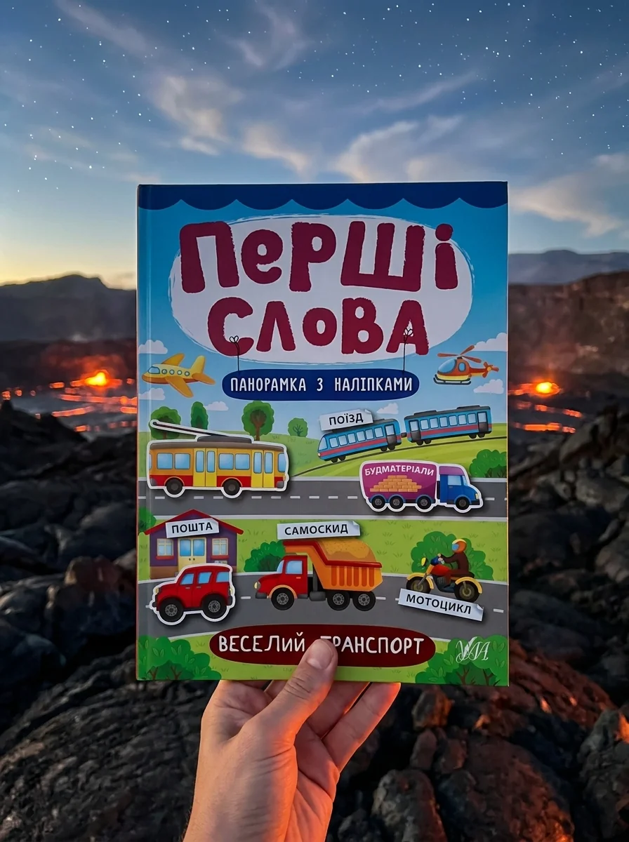Перші слова. Веселий транспорт. Панорамка за наліпками — Розвивальні книги