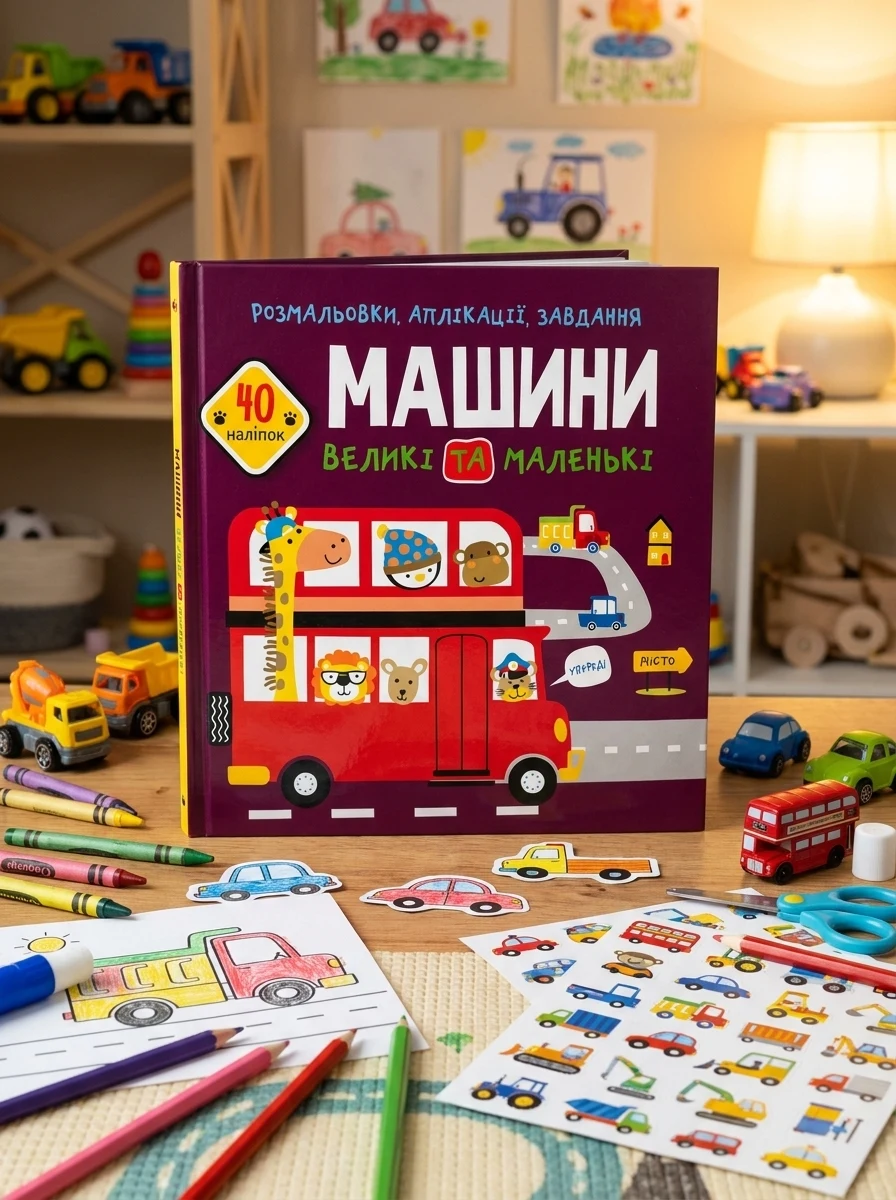 Розмальовки, аплікації, завдання. Машини великі та маленькі. 40 наліпок, — Дитяча література