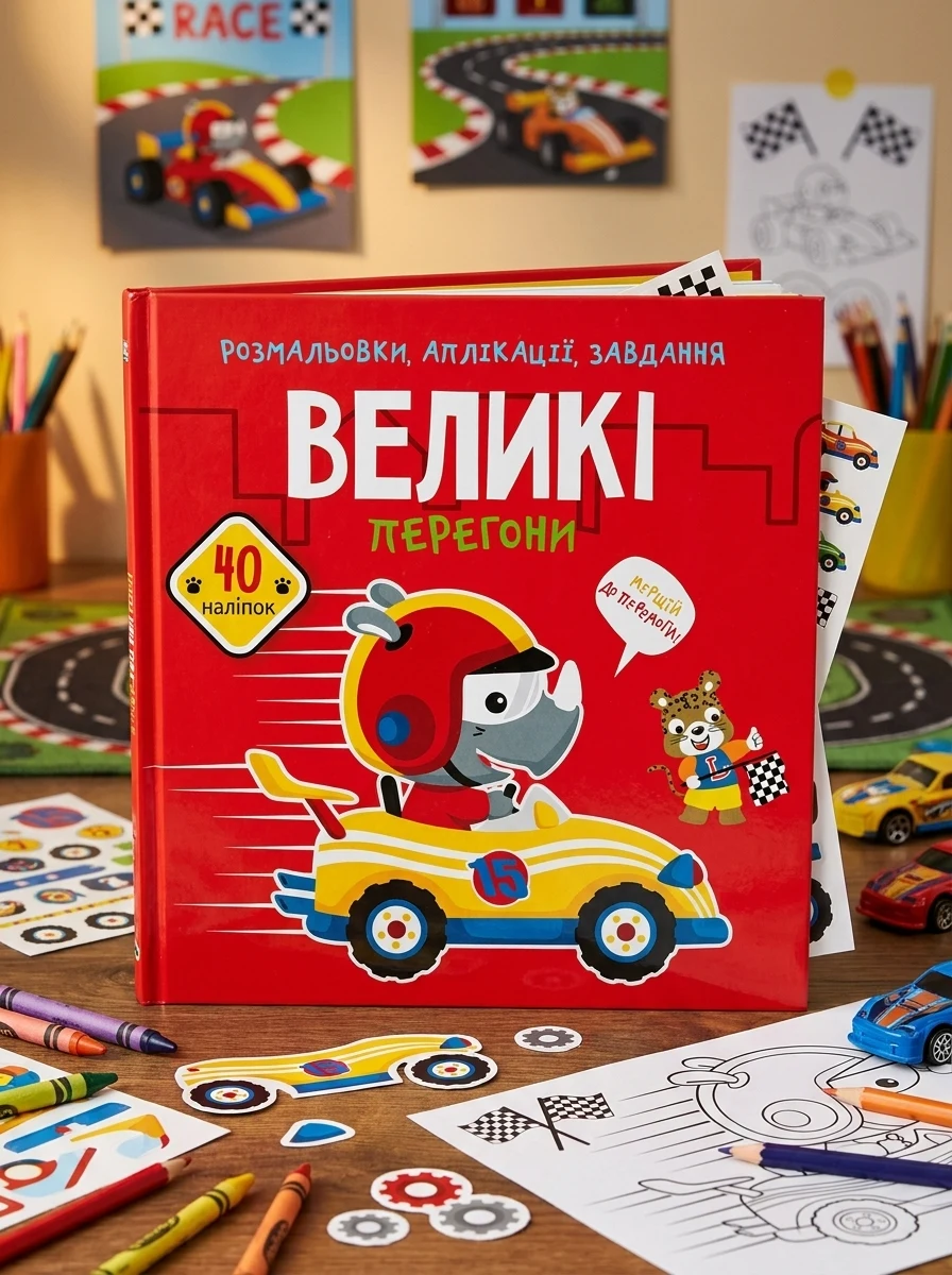 Розмальовки, аплікації, завдання. Великі перегони. 40 наліпок, — Дитяча література