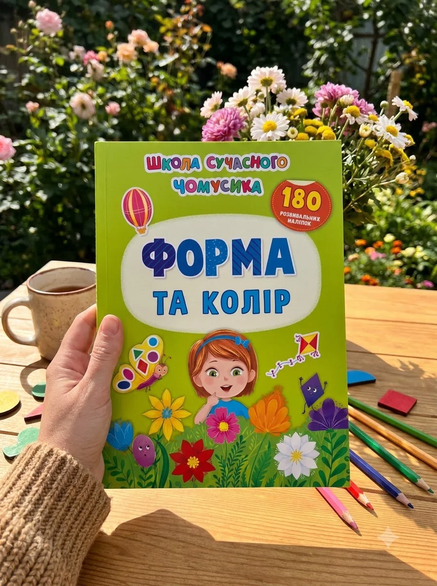 Школа сучасного чомусика. Форма та колір. 180 розвивальних наліпок — Дитяча література