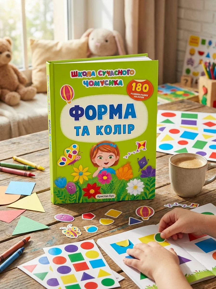 Школа сучасного чомусика. Форма та колір. 180 розвивальних наліпок, — Дитяча література