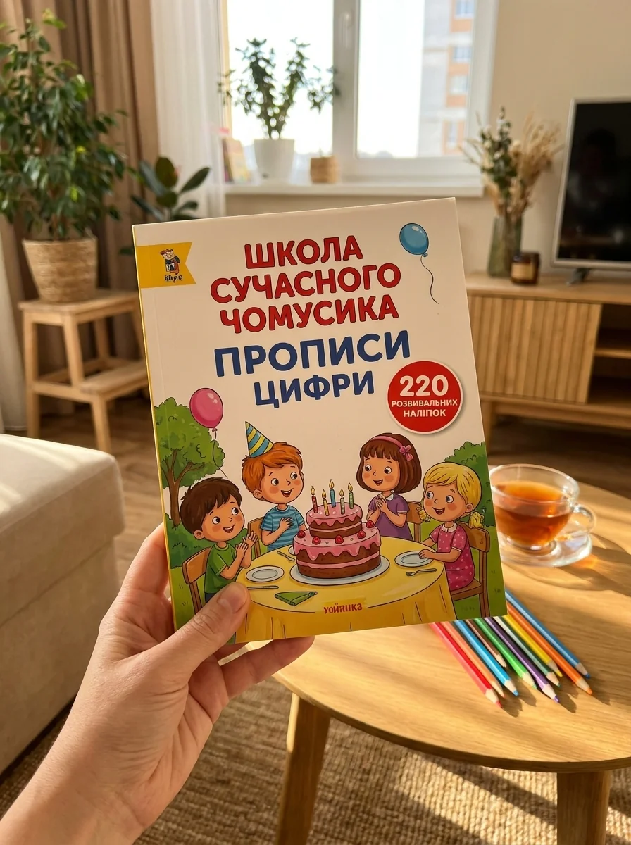 Школа сучасного чомусика. Прописи. Цифри. 220 розвивальних наліпок — фото 2