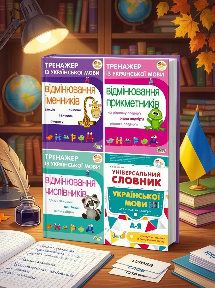 Тренажери з української мови. Іменники, Прикметники, Числівники + Універсальний Словник. Комплект з 4х зошитів — Ніна Косовцева, обкладинка