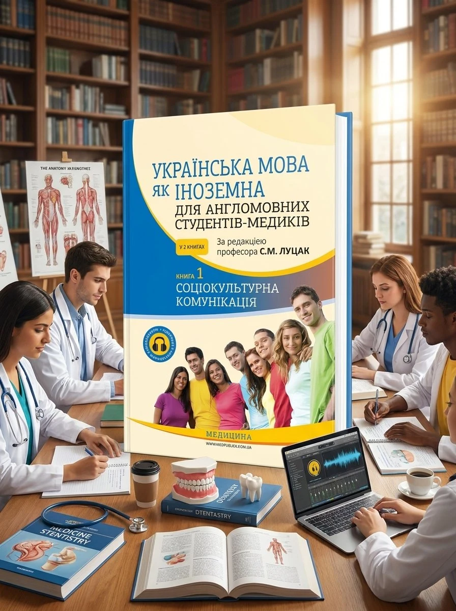 Українська мова як іноземна для англомовних студентів-медиків: у 2 книгах. Книга 1. Соціокультурна комунікація: підручник — С.М Луцак, обкладинка