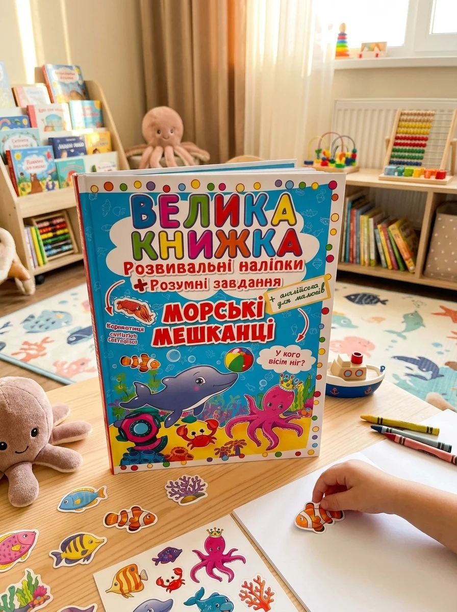 Велика книжка. Розвивальні наліпки. Розумнi завдання. Морські мешканці