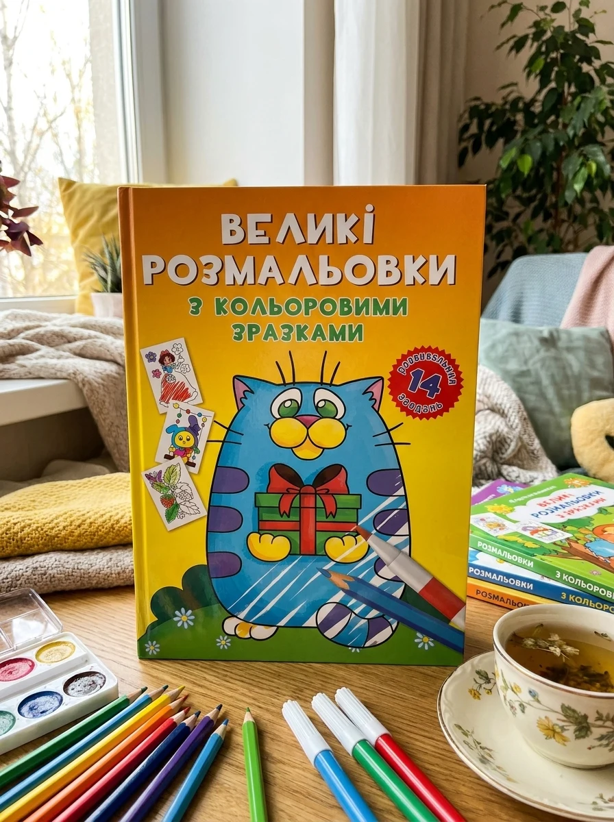 Великі розмальовки з кольоровими зразками. Котик — Дім, сім'я, релігія