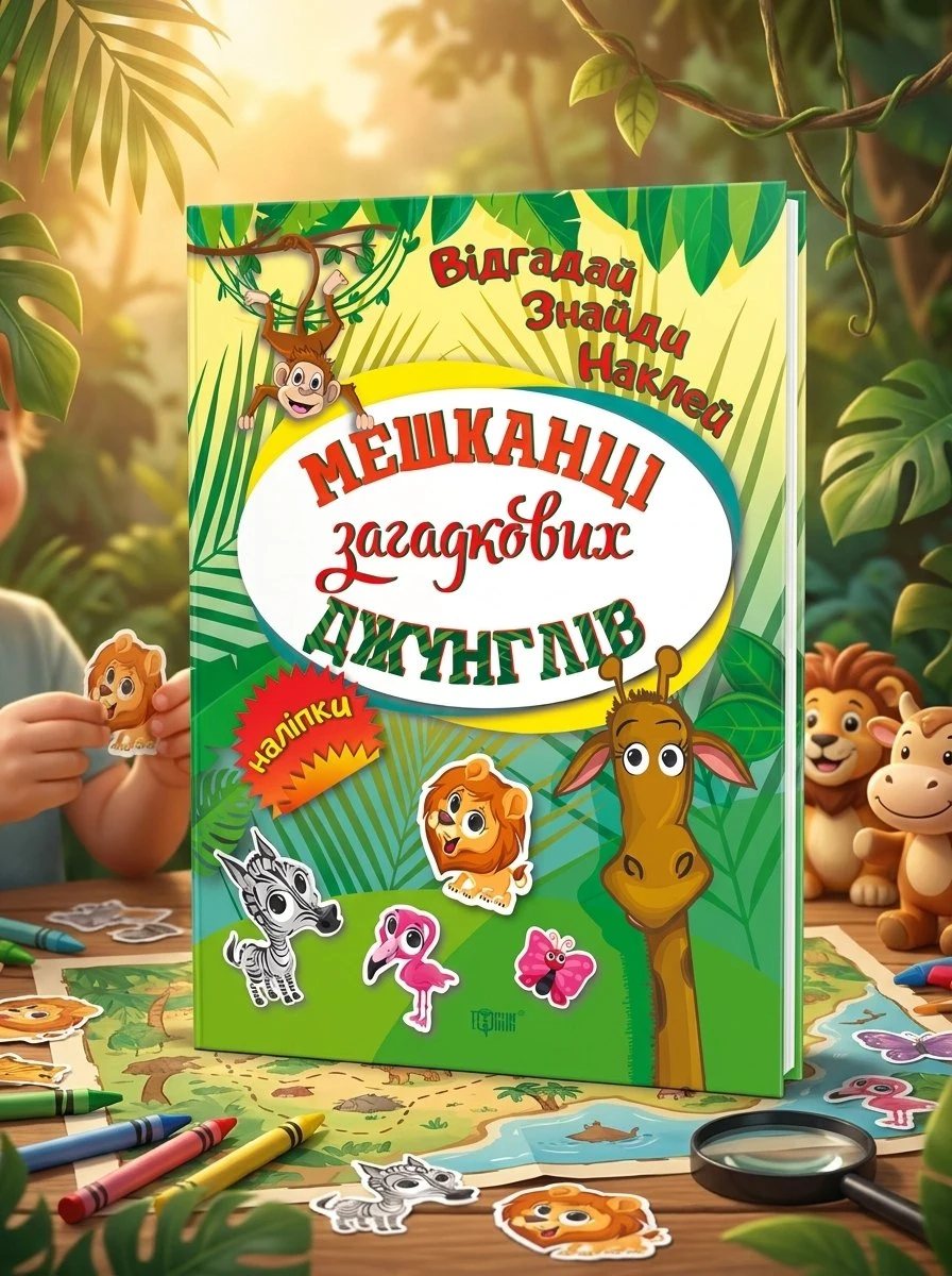 Відгадай. Знайди. Наклей. Мешканці загадкових джунглів — Людмила Кієнко, обкладинка