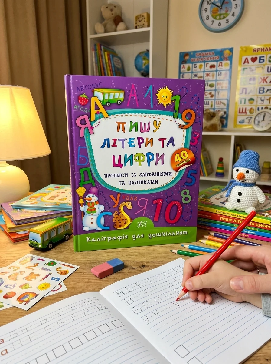 Каліграфія для дошкільнят. Пишу літери та цифри. Прописи із завданнями та наліпками. 40 наліпок — Книги з наліпками