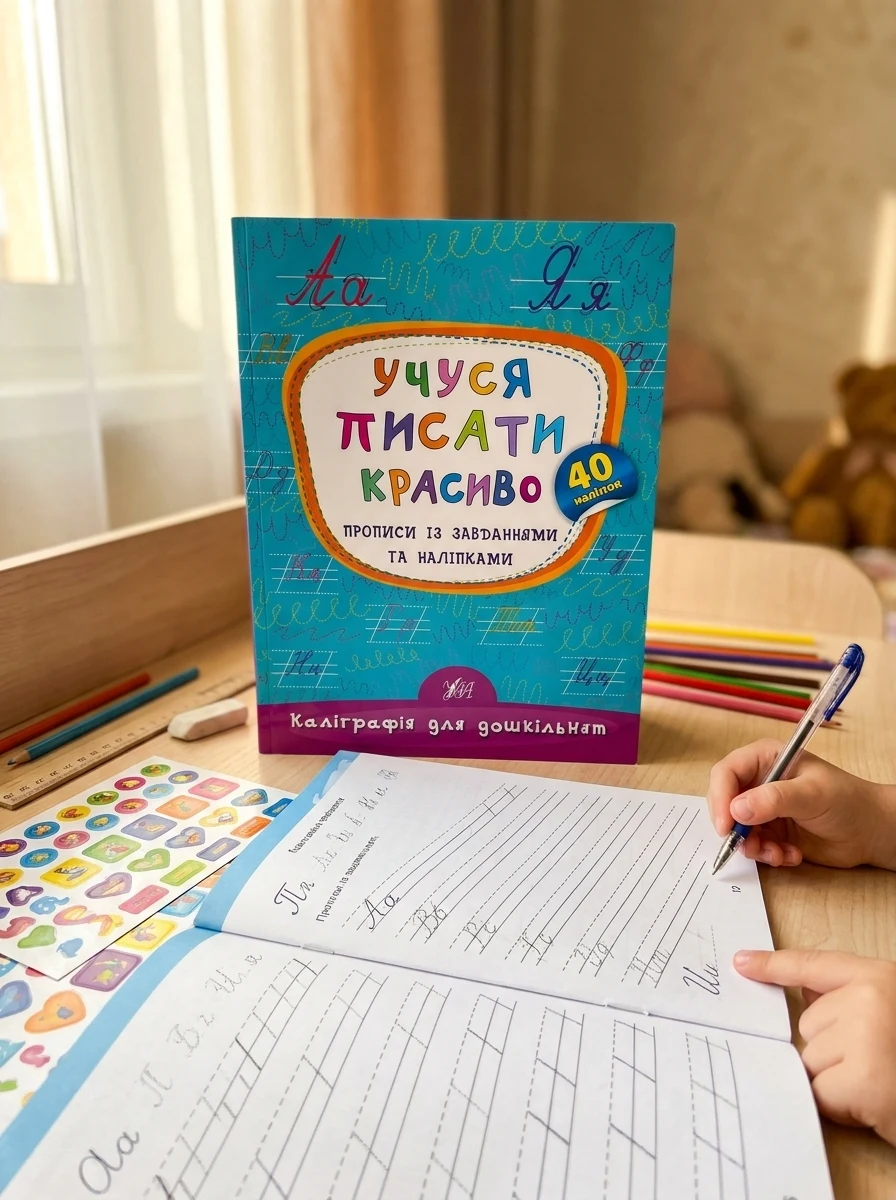 Каліграфія для дошкільнят. Учуся писати красиво. Прописи із завданнями та наліпками — фото 2