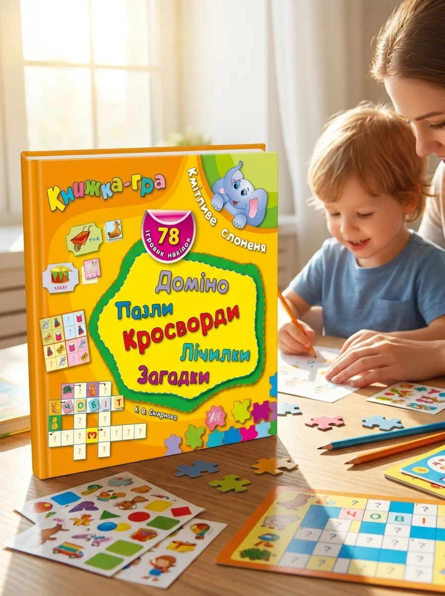 Книжка-гра. Кмітливе слоненя. Доміно, пазли, лічилки, кросворди, загадки — фото 2