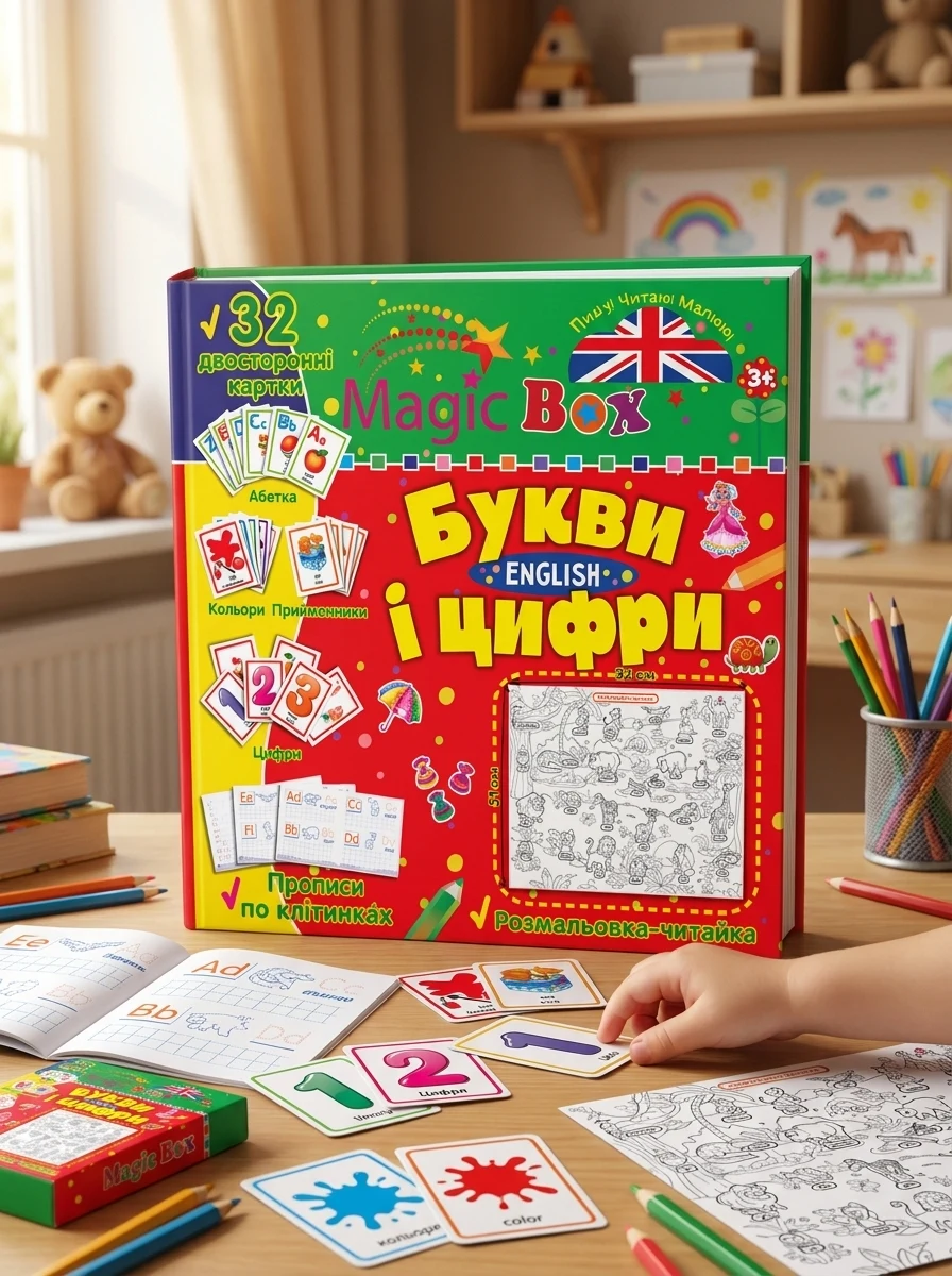 Magic Box. Букви і цифри. English. Розмальовка-читайка. 32 двосторонні картки — Розвивальні книги