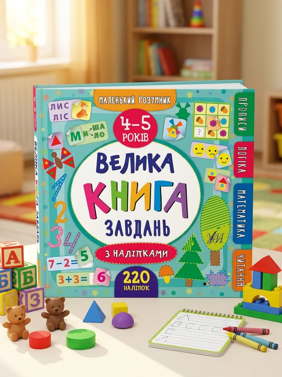Маленький розумник. Велика книга завдань з наліпками. Прописи. Логіка. Математика. Читання. 4-5 років — Книги з наліпками