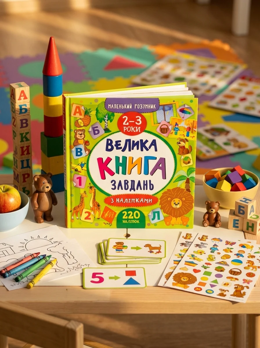Маленький розумник. Велика книга завдань з наліпками. Прописи. Логіка. Цифри. Форми. Букви. 2-3 роки — Книги з наліпками