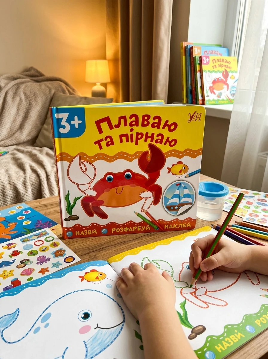 Назви. Розфарбуй. Наклей. Плаваю та пірнаю — Розвивальні книги