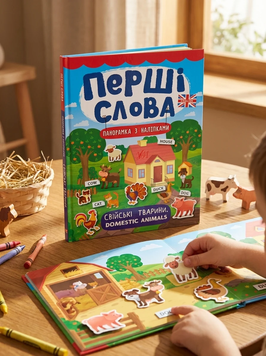 Перші слова. Domestic Animals. Свійські тварини. Панорамка за наліпками — Розвивальні книги