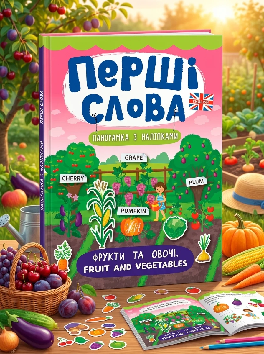 Перші слова. Fruit and Vegetables. Фрукти та овочі. Панорамка за наліпками — фото 2