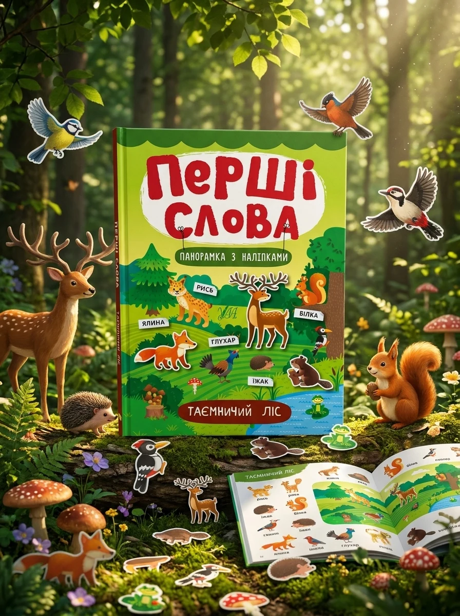 Перші слова. Таємничий ліс. Панорамка за наліпками — Розвивальні книги